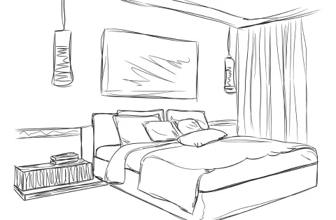 Dessin vectoriel d'une chambre superieur des Suites du Lac à Aix les Bains.